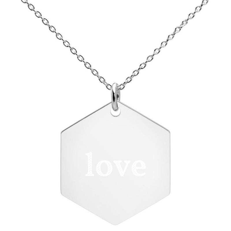 Love Engraved Silver Hexagon Necklace
