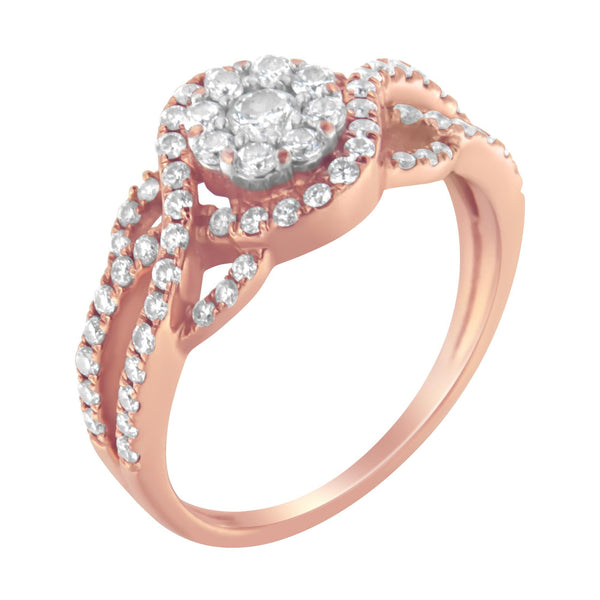 10K Rose Gold 3/4 Cttw Diamond Floral Cluster Head and Twisted Shank Cocktail  Ring (H-I Color, SI1-SI2 Clarity)- Size 5