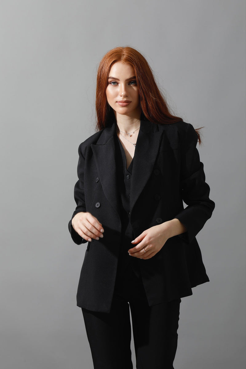 Double Breasted Blazer & Vest Set - Black