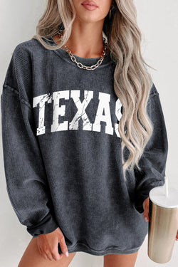 Texas Ribbed Knit Round Neck Pullover Sweatshirt