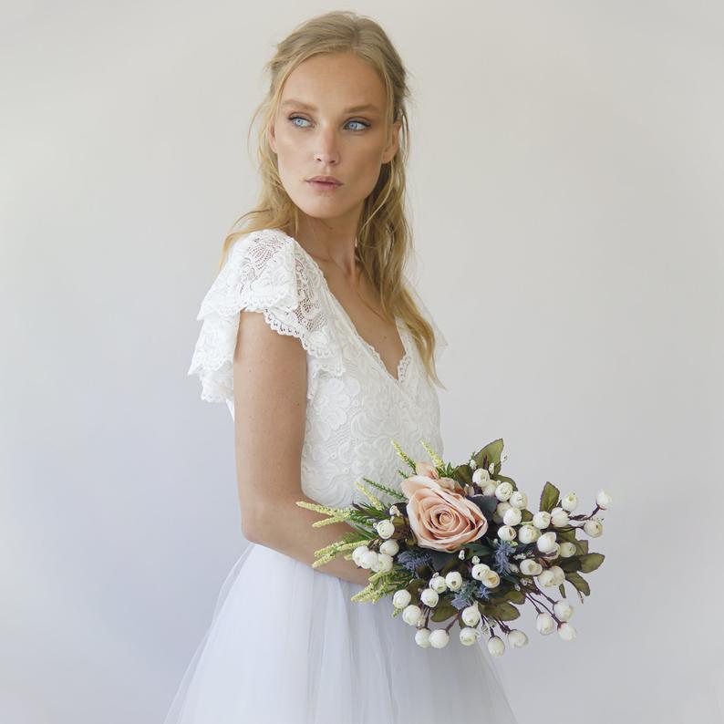 Fairy Ivory Wrap Wedding Dress, Butterfly Sleeves and Puffy Tulle #1293