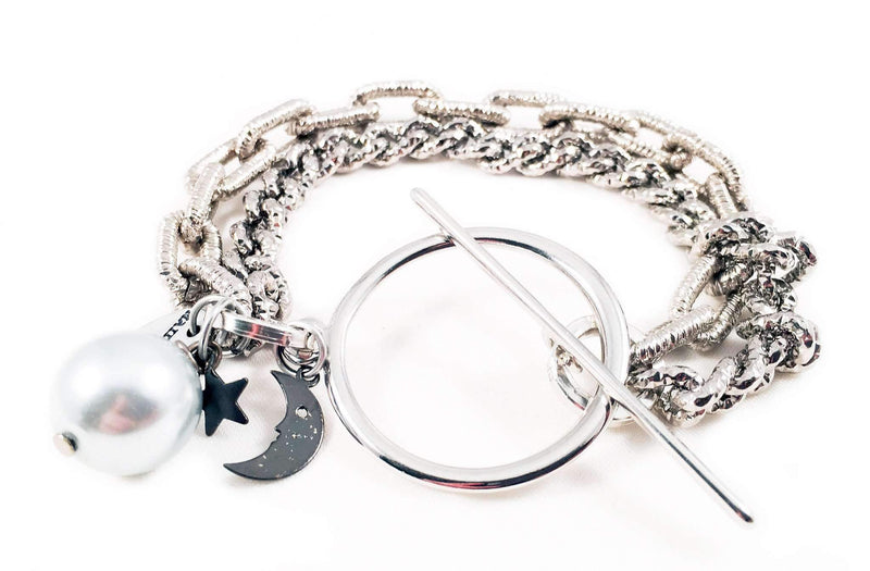 Silver Bracelet With Light Blue Pearl and Black Moon. Perfect for Parties, Summer Time and Gift for Her.