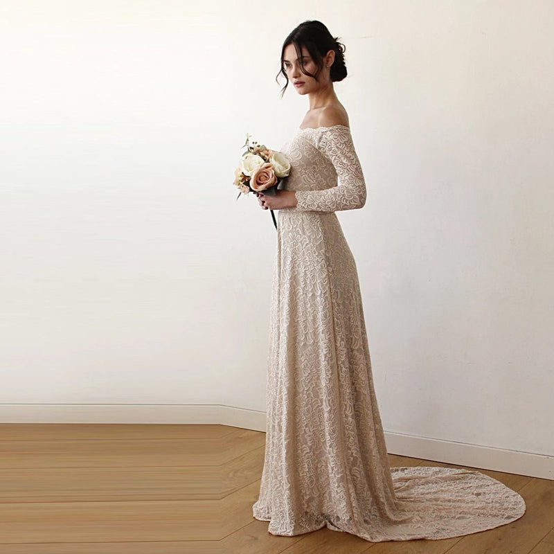 Champagne F-The-Shoulder Floral Lace Long Sleeve Gown With Train 1148