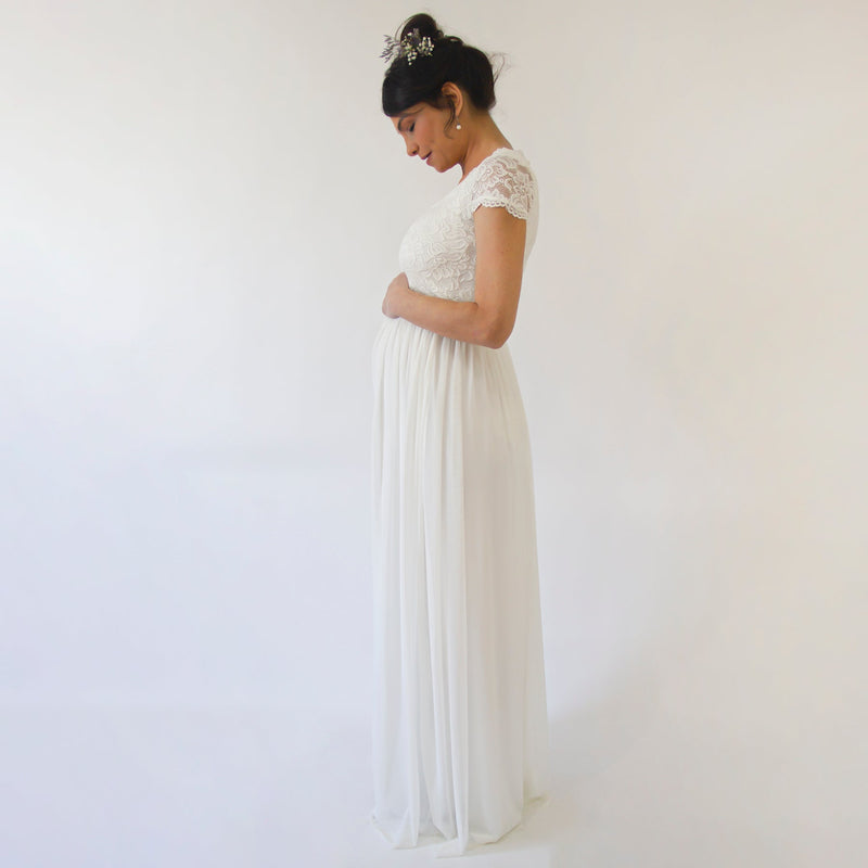 Maternity Ivory Bohemian Square Neckline, Cape Sleeves Dress #7013