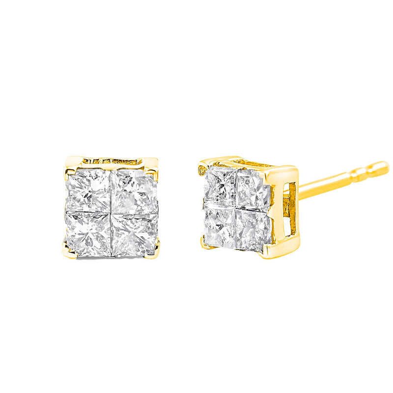 10K Yellow Gold Plated .925 Sterling Silver 1.0 Cttw Princess-Cut Diamond Composite Multi Stone Stud Earrings (J-K Color