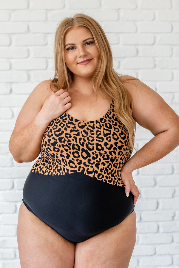 One Piece Leopard Print Color Block Swimsuit