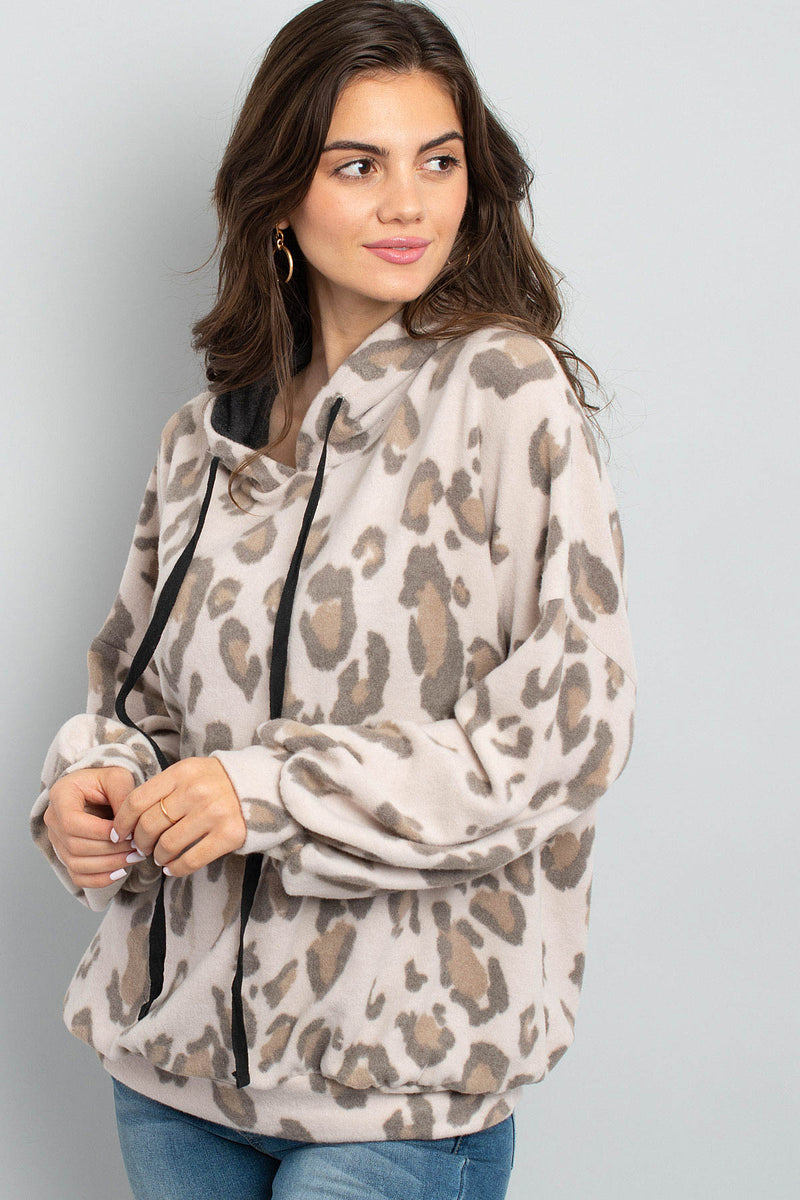Leopard Brushed Hacci Puff Sleeved Hoodie With Drawstrings