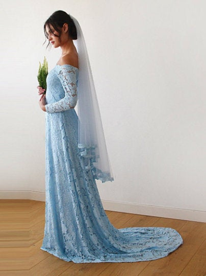 Light Blue Wedding Veil - Tulle Veil With Lace Trim 4015