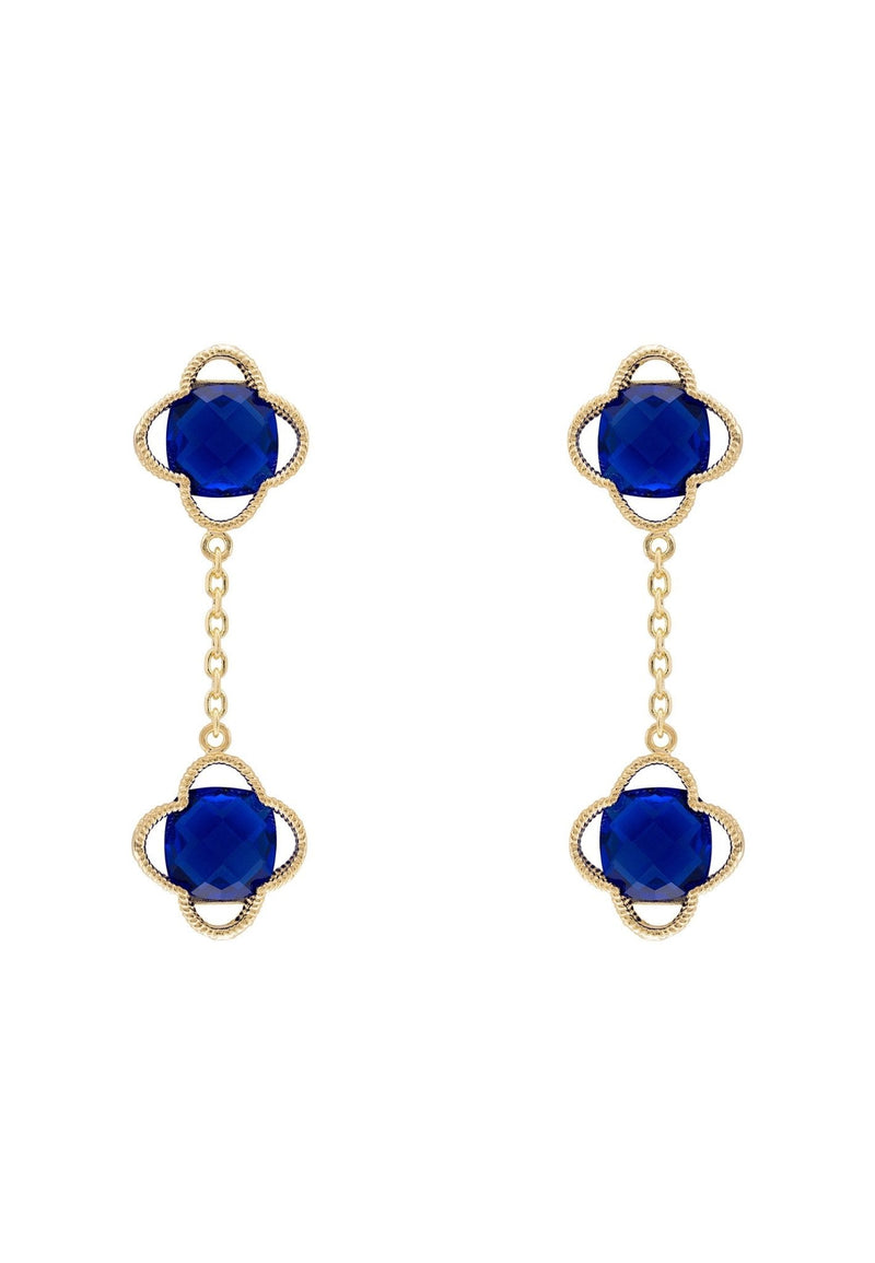 Open Clover Double Drop Earrings Gold Sapphire