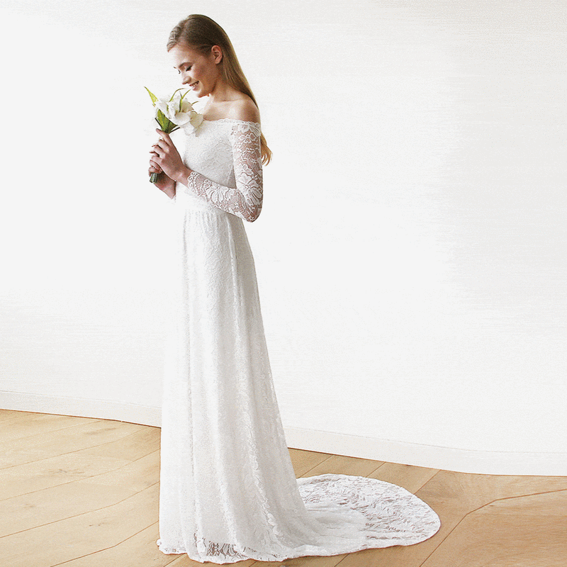 Ivory Off-The-Shoulder Floral Lace Long Sleeve Maxi Dress With Train 1148
