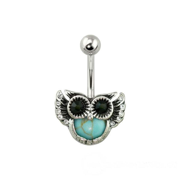 Antique Silver Turquoise Gem Owl 316L Surgical Steel Navel Ring