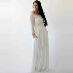 Curve & Plus Size Off-The-Shoulder Ivory  Floral Lace Long Sleeve Maxi Dress With Pockets 1270