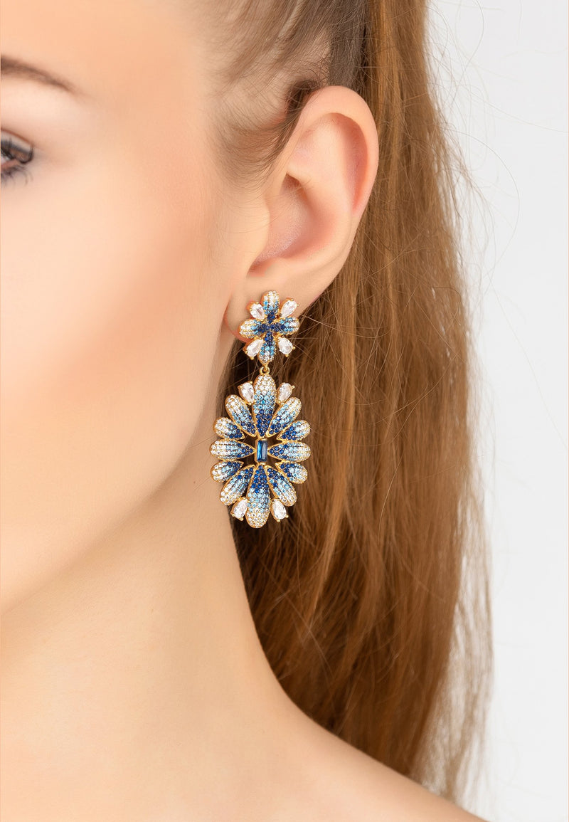 Babylon Flower Drop Earrings Gold Blue