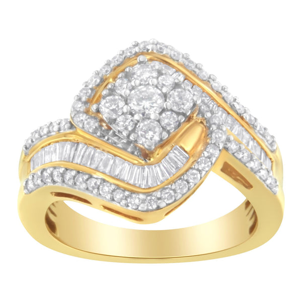 14K Yellow Gold 1.0 Cttw Baguette & Brilliant-Cut Diamond Round Floral Cluster Engagement or Fashion Ring With Swirl Wra