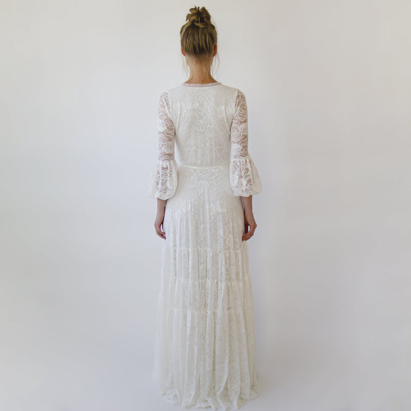 Gipsy Layered Boho Skirt, Maxi Lace Wedding Dress, Wrap Neckline, Puffy Bracelet Sleeves #1365