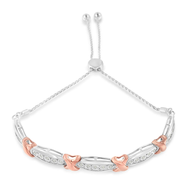 .925 Sterling Silver 1/4 Cttw Round-Cut Diamond X & Tapered Bar Miracle-Set Bolo Bracelet (I-J Color, I3 Clarity) - Two