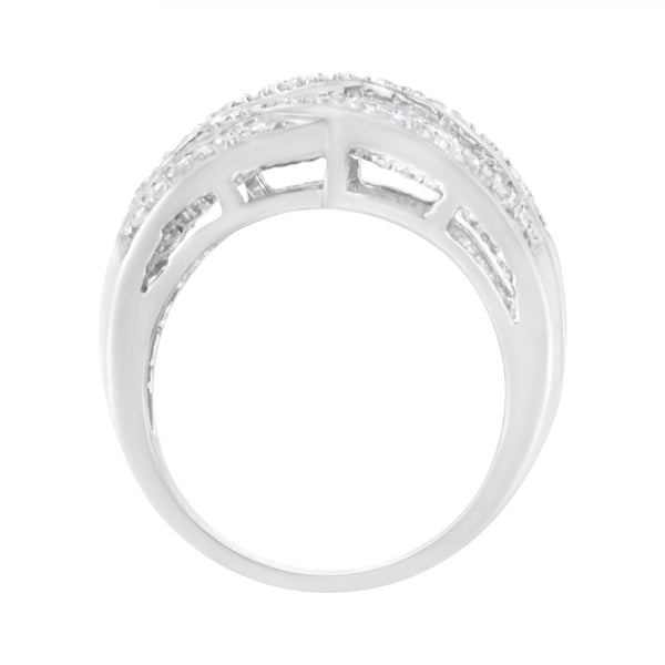 .925 Sterling Silver 1.0 Cttw Channel Set Alternating Round and Baguette Diamond Cross-Over Bypass Ring Band (I-J Color,