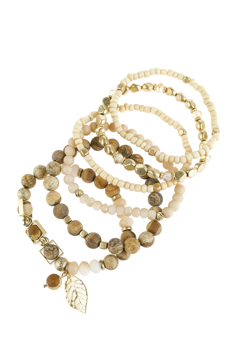 Hdb2929 - Natural Stone Mixed Beads Leaf Charm Bracelet