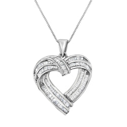 Sterling Silver 7/8 Cttw Baguette Diamond Heart Pendant Necklace (I-J, I2-I3)