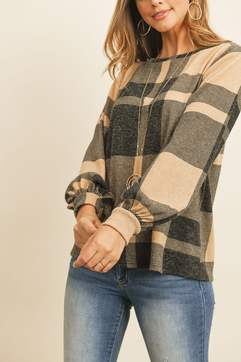 Boat Neck Puff Sleeves Plaid Top