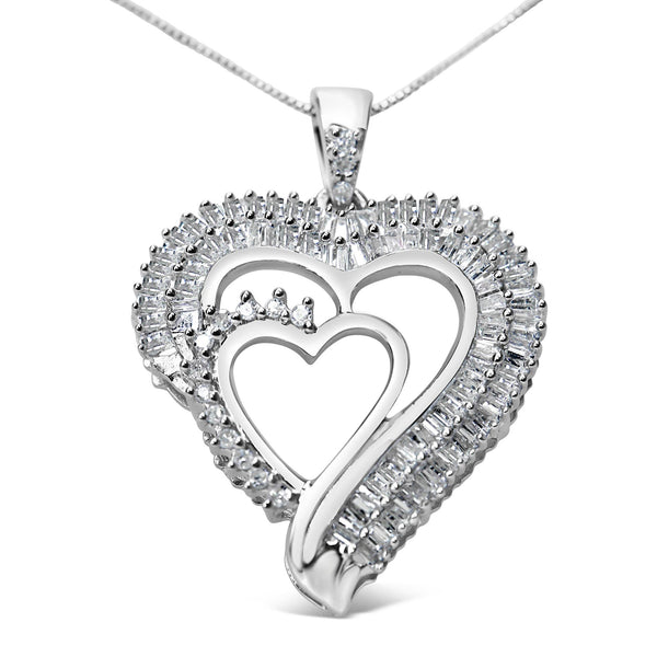 .925 Sterling Silver 3/4 Cttw Round and Baguette Diamond Double Heart Pendant 18" Necklace (I-J Color, I3 Clarity)