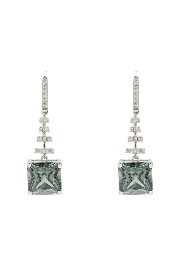 Spiral Square Crystal Drop Earrings Peridot Green Silver