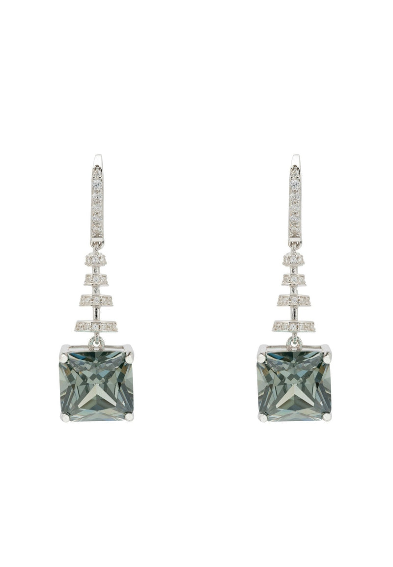 Spiral Square Crystal Drop Earrings Peridot Green Silver