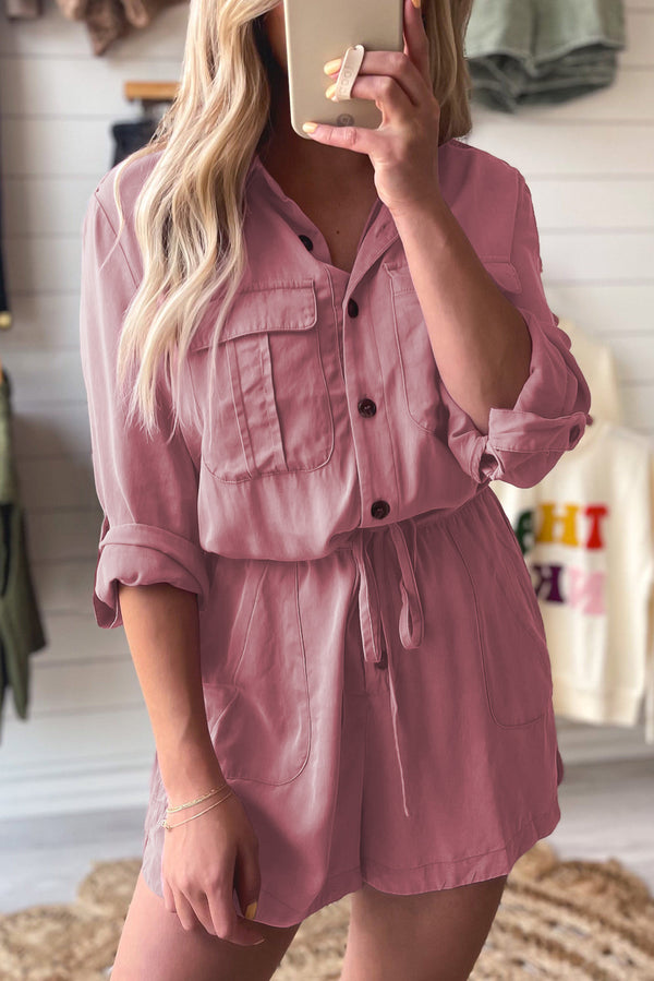 Reese Roll Up Sleeve Flap Pockets Drawstring Romper
