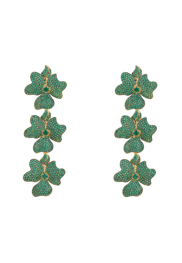 Jasmine Flower Triple Drop Earrings Gold Emerald Green