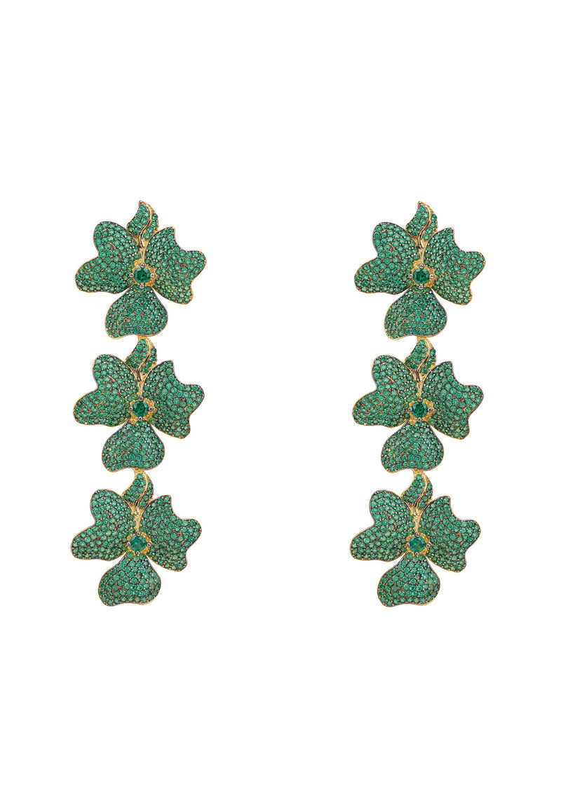 Jasmine Flower Triple Drop Earrings Gold Emerald Green