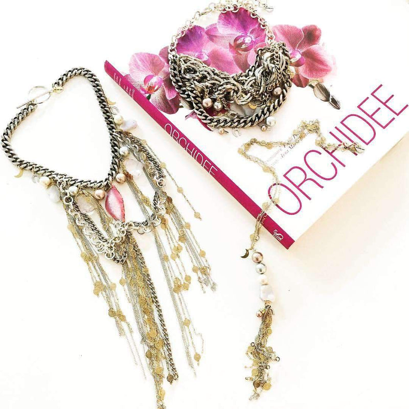 Fringe Necklace With Pink Agate, Rose Quartz, Calcedony, Pearls and Charms. Perfect for Parties, Summer Time and Gift Fo
