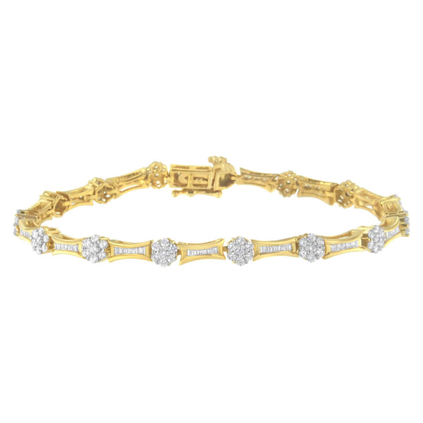 10K Yellow and White Gold 2.00 Cttw Round and Baguette-Cut Diamond Link Bracelet (I-J Color, I2-I3 Clarity) - Size 7.25"