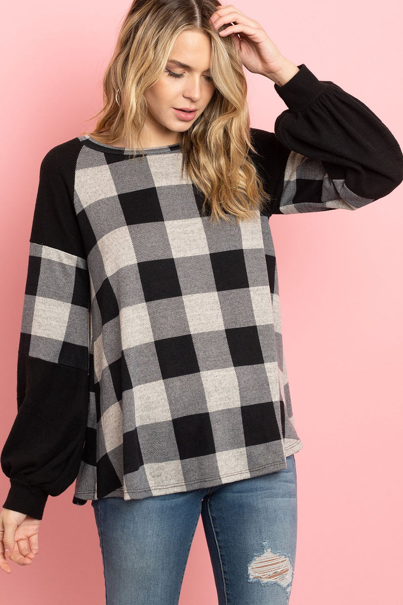 Solid Contrast Puff Sleeves Plaid Top