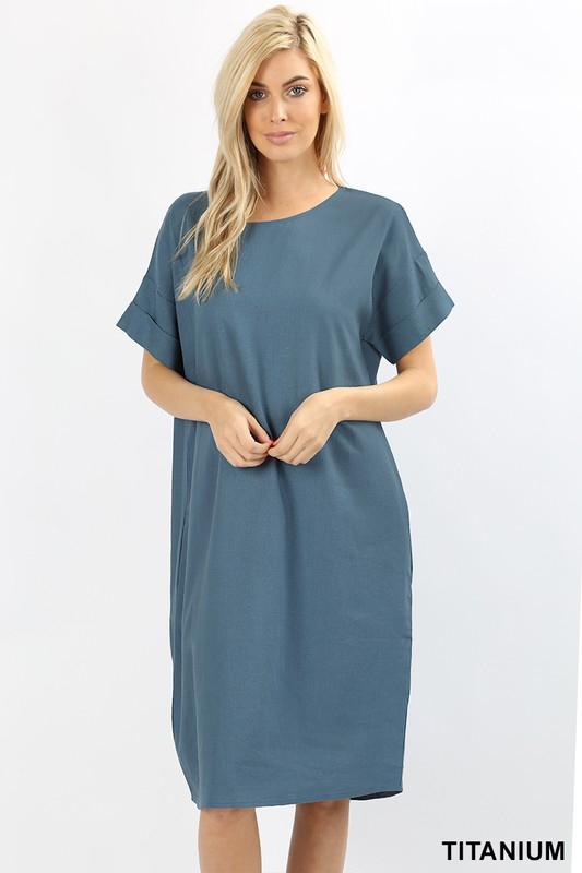 Boxy Linen Short Sleeve Cuff Pocket Dress