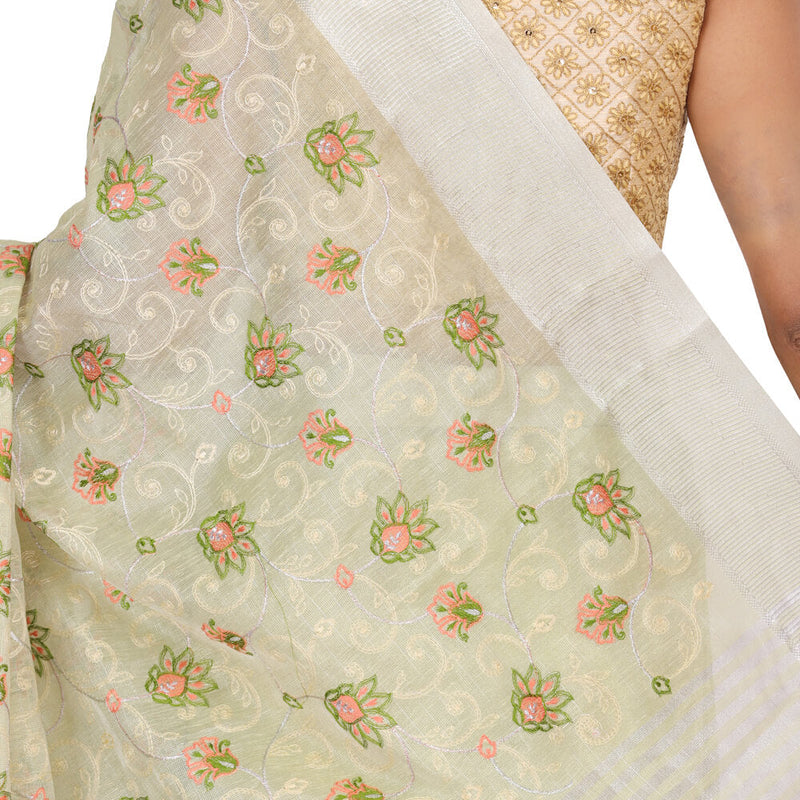 Tissue Banarasi Saree With Embroidery - Sea Green