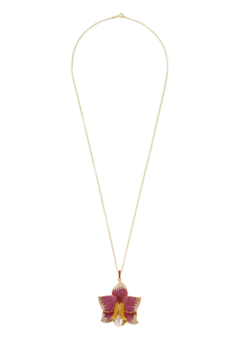 Daffodil With Pearl Pendant Necklace Gold Ruby CZ