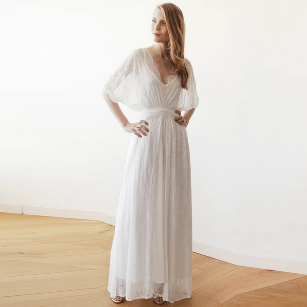 Boho Wedding DressFloral Lace Ivory Sheer Maxi Dress 1044