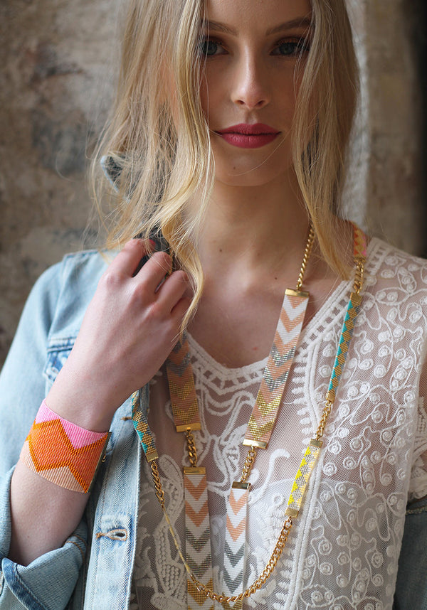 Soleil Skinny Long Beaded Necklace - Pink, Yellow, Turquoise and Gold