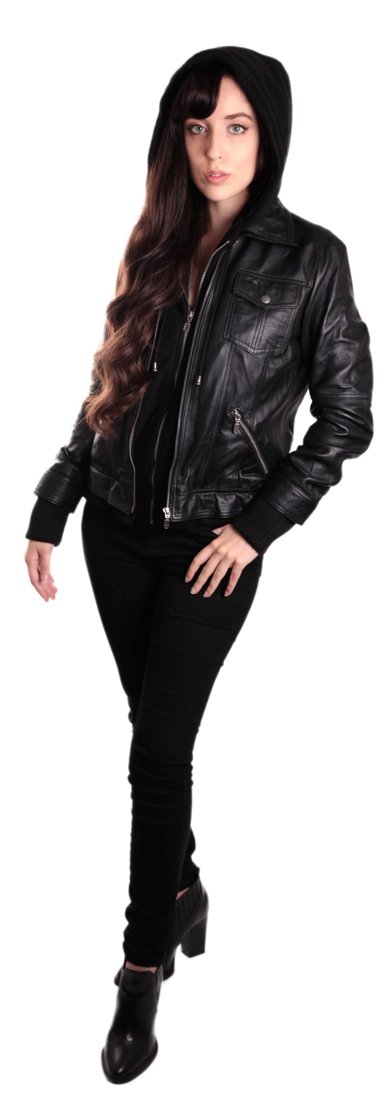 Hooded Bomber Womens Leather Jacket