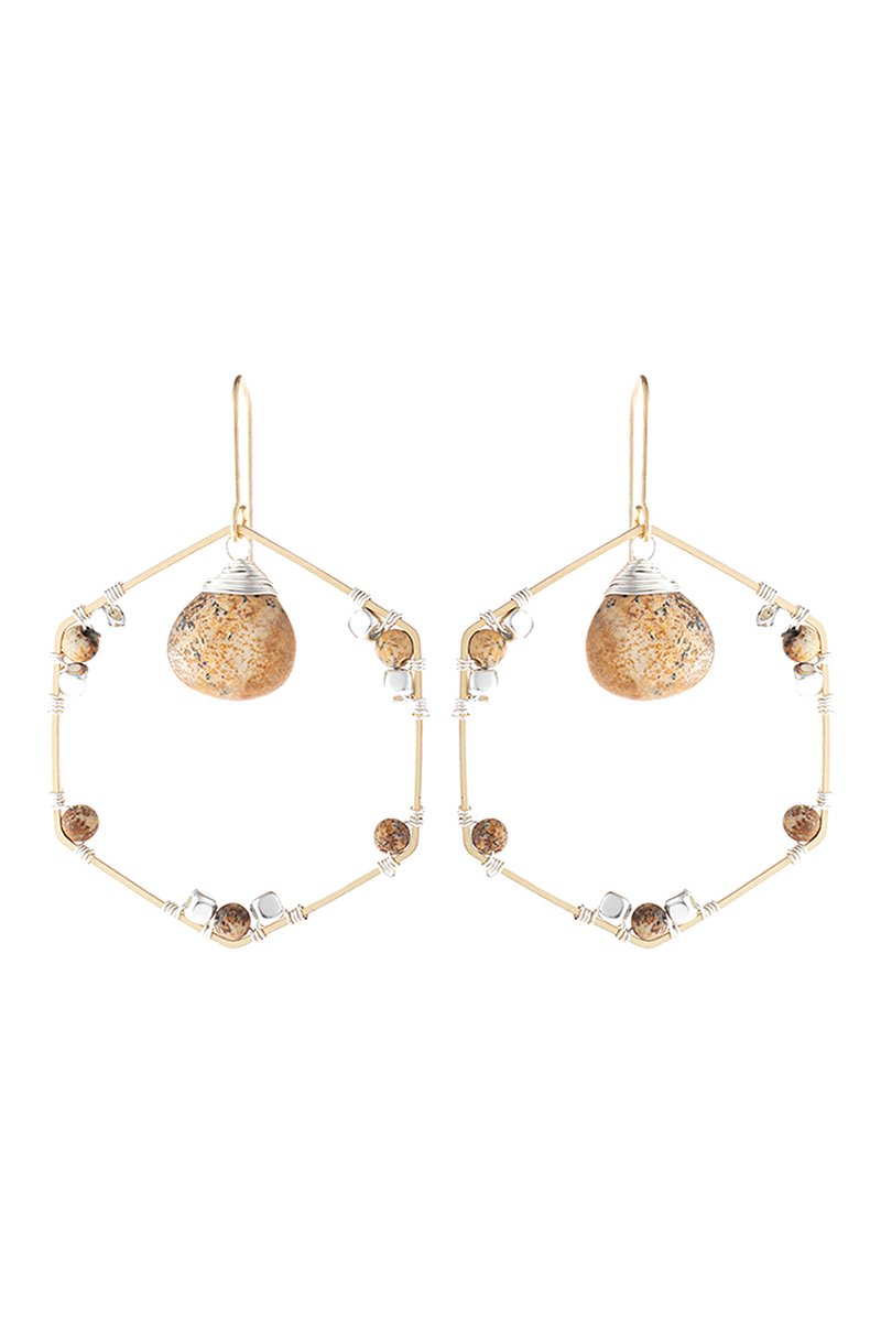 Hde3101 - Natural Stone Beaded Hexagon Drop Earrings
