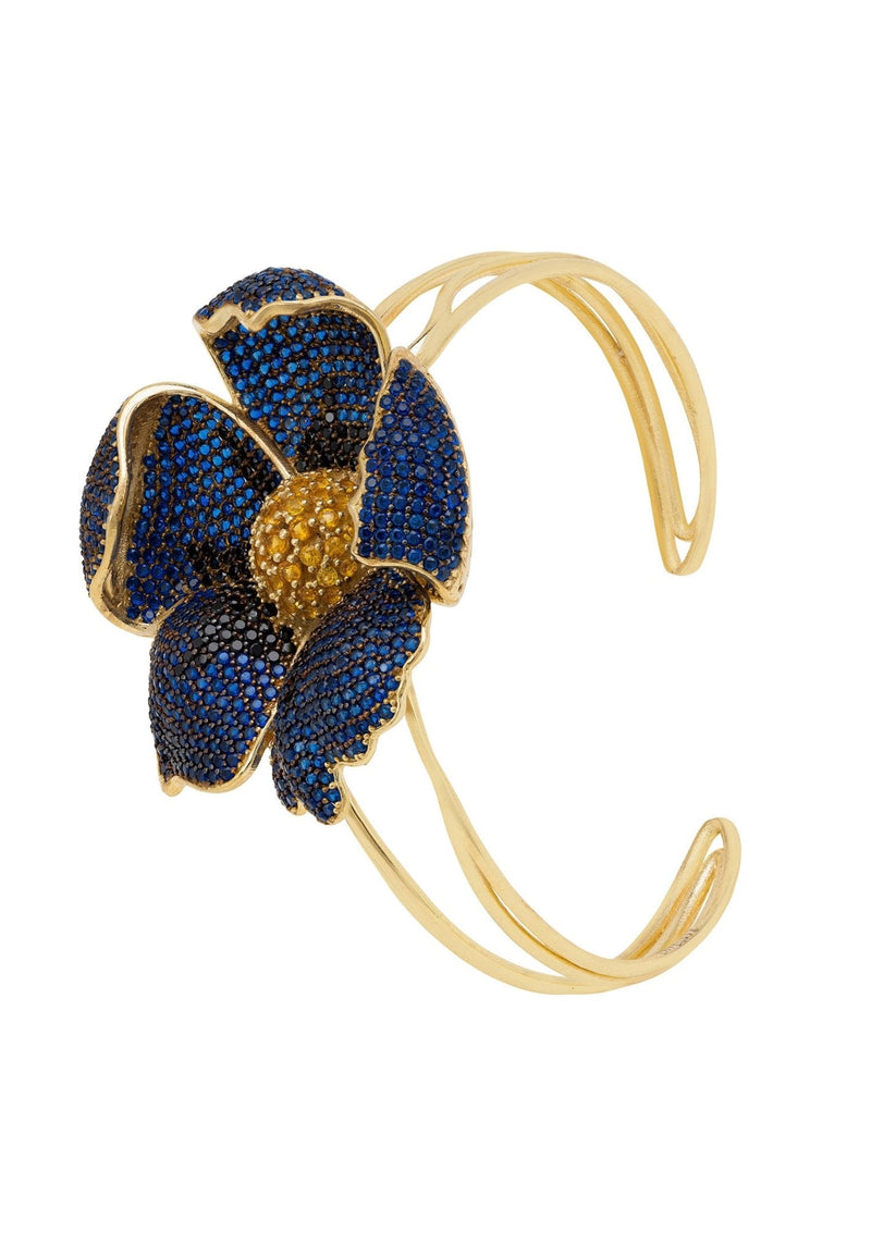 Poppy Bangle Cuff Bracelet Gold Sapphire Blue Cz