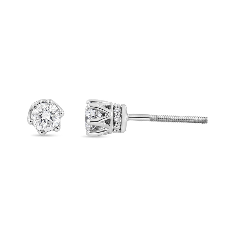 14K White Gold 1/2 Cttw Round Diamond 6 Prong Crown Stud Earrings (I-J Color, I1-I2 Clarity)