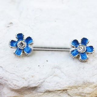 316L Stainless Steel Jeweled Teal Blue Flower Nipple Bar