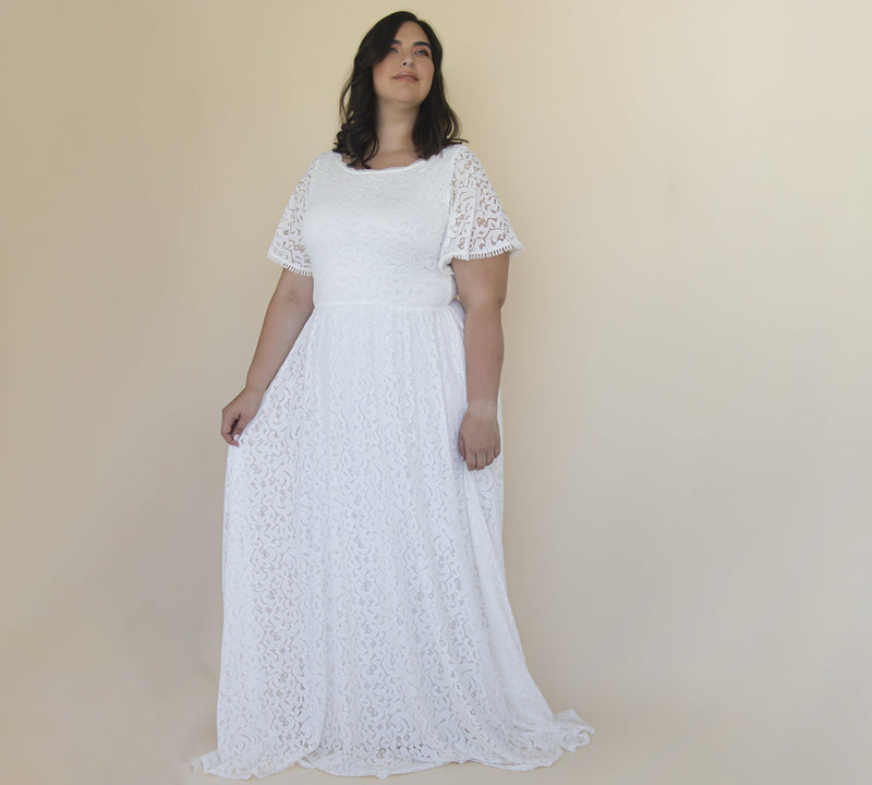 Curvy  Bohemian Butterfly Sleeves , Modest Ivory Wedding Dress With Pockets #1318