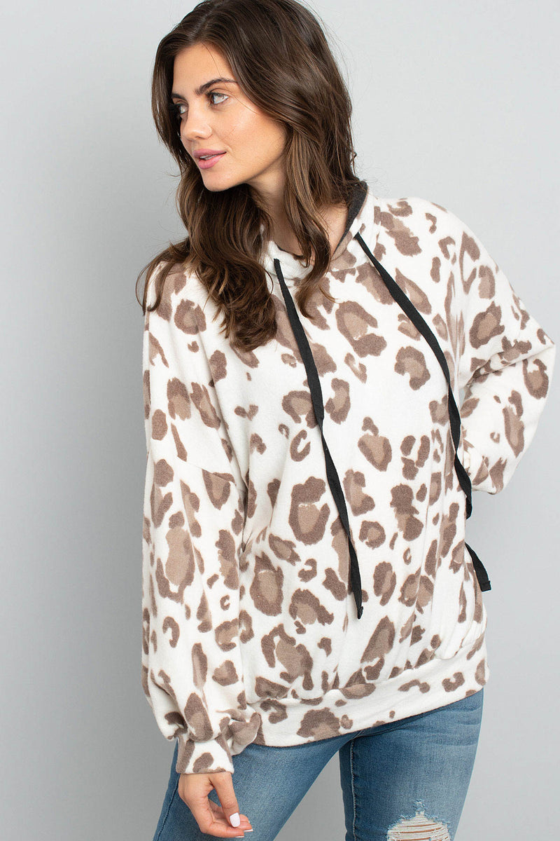 Leopard Brushed Hacci Puff Sleeved Hoodie With Drawstrings