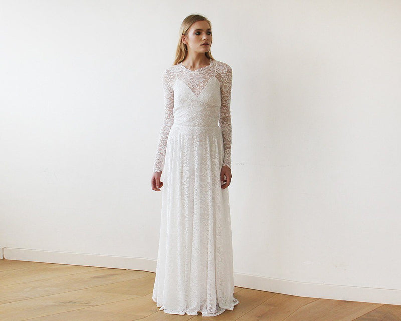 Round Neckline Bridal Lace Dress With Long Sleeves 1147