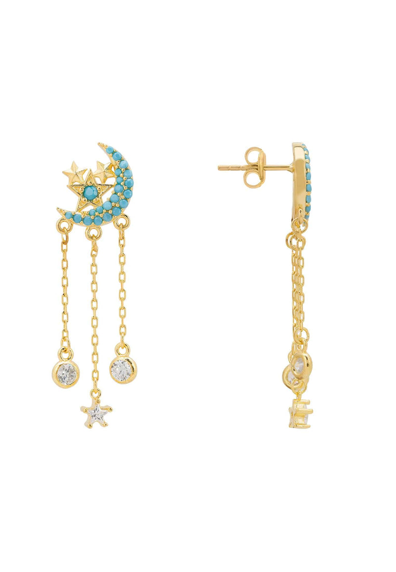 Lunar Moon Chain Drop Earrings Gold Turquoise