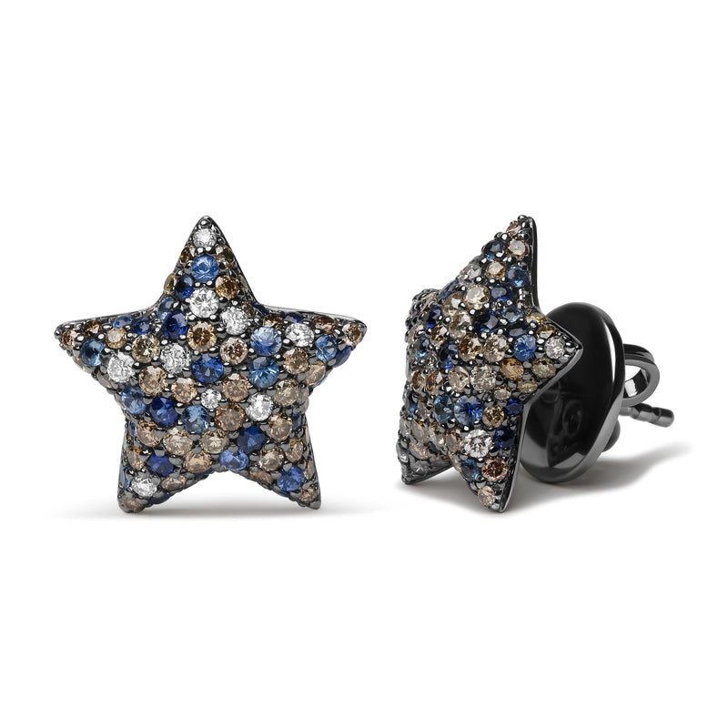 Black Rhodium Plated 18K White Gold 1.00 Cttw Diamond and Round Blue Sapphire Gemstone Micro-Pave Star Stud Earrings (Br
