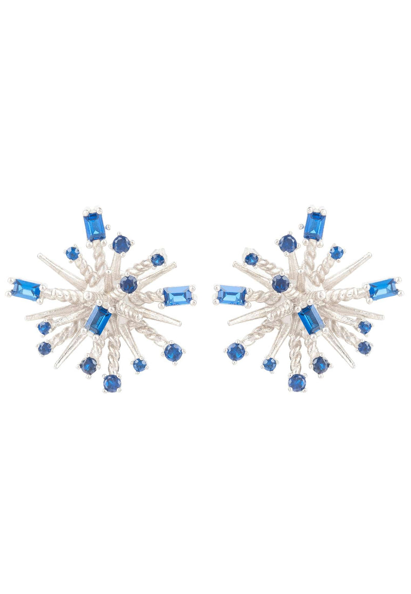 Cosmic Bang Baguette CZ Stud Earrings Sapphire Blue CZ Silver