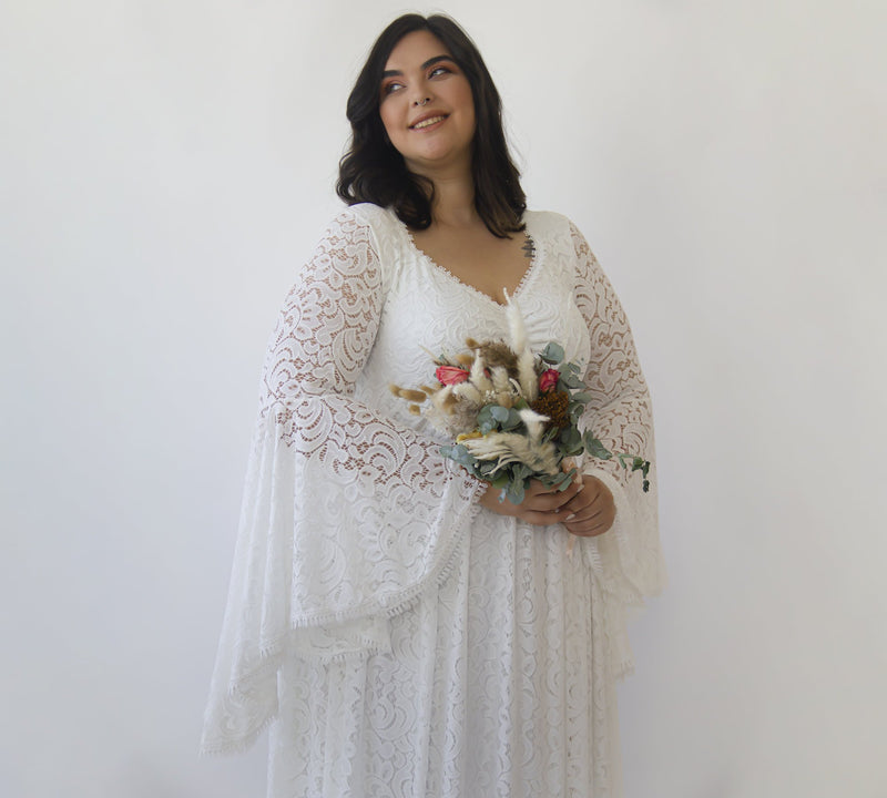 Curvy  Ivory  Lace Flare Sleeves Wedding Dress #1319